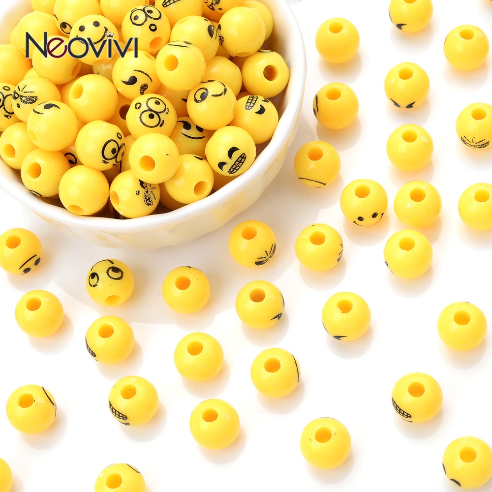50pcs 10mm Expression ลูกปัดอะคริลิคสีเหลืองยิ้มรอบ Spacer ลูกปัดสำหรับเครื่องประดับทำสร้อยข้อมือ DIY อุปกรณ์เสริม