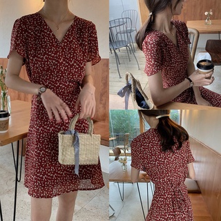 MINI DRESS กระโปรงสั้น ลายดอกไม้ ดีไซน์สวย ผ้าเบา ใส่สบาย เดรสแขนสั้นผู้หญิง ชุดเดรส มินิเดรส แฟชั่นผู้หญิง