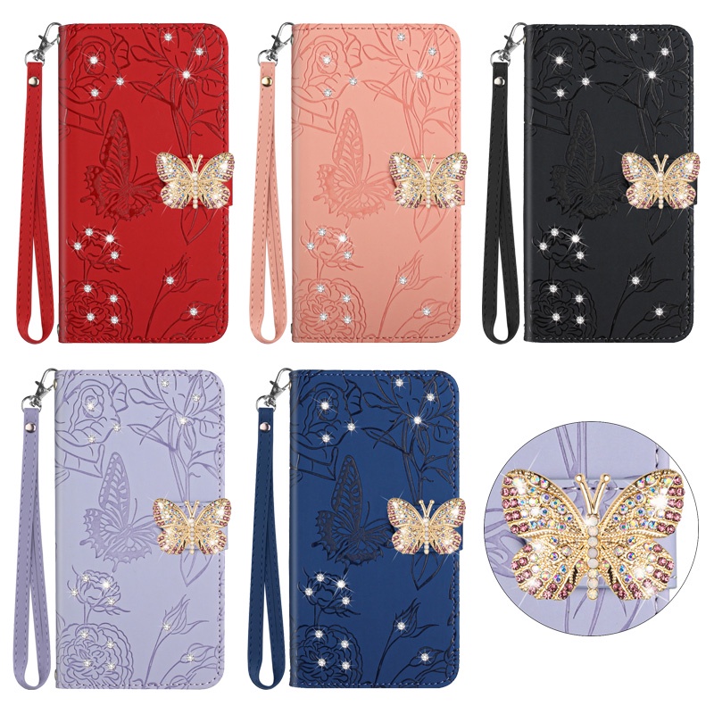 เคสโทรศัพท์มือถือหนัง ฝาพับ ลายผีเสื้อ ประดับเพชร พร้อมช่องใส่บัตร สําหรับ Samsung Galaxy A24 4G A34 A54 5G A12 M12 F12 A22 4G A32 A42 5G