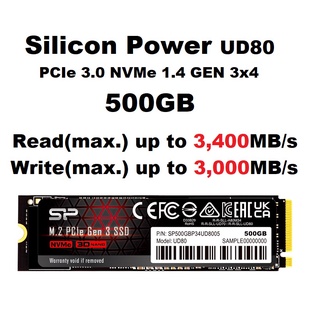 Silicon Power UD80 MVMe PCIe 3.0 GEN 3X4 มีให้เลือก 500GB 1TB  Read(max.) up to 3,400MB/s Write(max.) up to 3,000MB/s