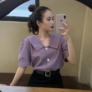 เสื้อเชิ้ตแขนสั้น สีม่วง แฟชั่นฤดูร้อน สไตล์ฝรั่งเศส สําหรับผู้หญิง 2022