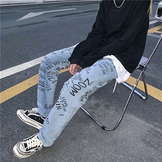 Korea Harajuku Fashion Letter Alphabet Graffiti Jeans Women Loose Boyfrend Jeans Casual Denim Long Pants กางเกงวนิเทจ