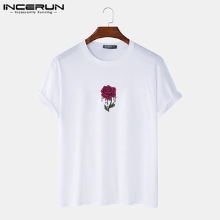 INCERUN Men Simple Style Fashion Casual Rose Printed Short Sleeve T Shirts