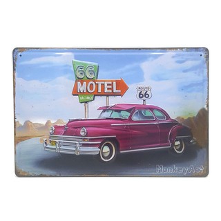 ป้ายสังกะสีวินเทจ Motel U.S. Route 66 Vintage Car (ปั๊มนูน)