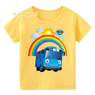 เสื้อยืดแขนสั้น พิมพ์ลายการ์ตูน Tayo the Little Bus สีเหลือง สไตล์เกาหลี สําหรับเด็กผู้ชาย และเด็กผู้หญิง