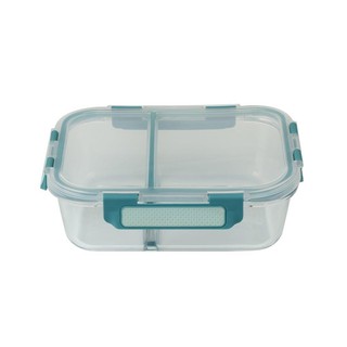 🔥ยอดนิยม!! กล่องอาหารแก้วเหลี่ยมแบ่ง 2 ช่อง 0.64 ลิตร สีฟ้า ภาชนะใส่อาหาร FOOD CONTAINER GLASS SQUARE0.64L S BLUE