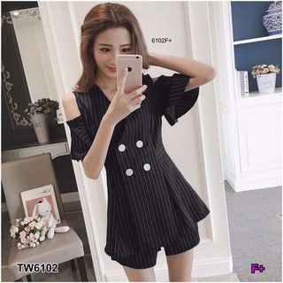 TW6102  Set 2 ชิ้น เสื้อสูทเว้าไหล่ลายริ้ว+กางเกงขาสั้น เสื้อสูทคอวี  เนื้อผ้าโฟเวย์ ลายริ้ว ผ้าโฟเวย์