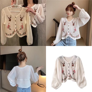 สินค้าพร้อมส่ง เสื้อไหมพรมแขนชีฟองลายกวางสุดน่ารัก GZSX09