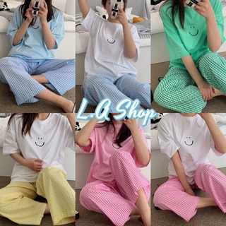 L,A Shop ​​พร้อมส่ง ชุดนอน เสื้อยืด+กางเกงขายาวลายสก๊อตสไตล์​เกาหลี​น่ารัก "DX-Smile-01"  09