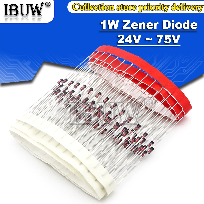 ซีเนอร์ไดโอด 1W DO-41 24V 27V 30V 33V 36V 39V 43V 47V 51V 75V 1N4753 1N4755 1N4756 1N4761 100 ชิ้น