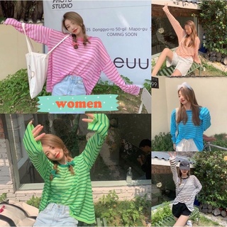 women 🍒พร้อมส่ง🍒เสื้อแขนยาวคอกลมลายทางน่ารักสุดๆ(25026)