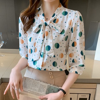 เสื้อเชิ้ตแขนสามส่วน ผ้าชีฟอง ลายจุด แฟชั่นสําหรับผู้หญิง