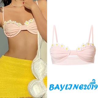 Bay- ชุดชั้นในเสื้อท็อปบิกินี่ลายดอกไม้สีชมพูเซ็กซี่สําหรับผู้หญิง S/ M/ L