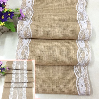 【สินค้ามีจำหน่าย】 Vintage Burlap Jute Linen Table Runner Lace Cloth Dinning Room Table Gadget Home Decor Accessory HT