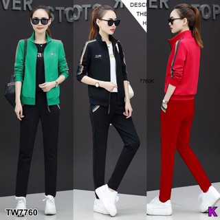 TW7760 Set 3 ชิ้น เสื้อแจ็คเก็ต+เสื้อแขนสั้น+ขายาวแต่งแถบลายทางกากเพชร **สอบถามก่อนสั่งซื้อ**