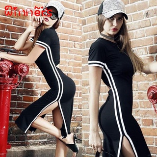 Womens Summer Casual Short Sleeve Slim Midi Dress Sexy Split Bodycon Dress