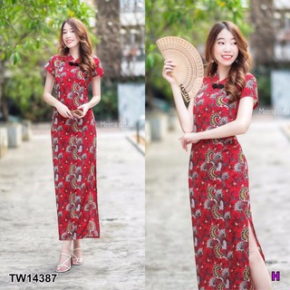 🛷❤️เดรสตรุษจีน Maxi Dress เดรสกี่เพ้ายาว แขนสั้น ติดกระดุมจีนด้านหน้า ตัวยาวผ่าด้านข้าง 1 ข้าง