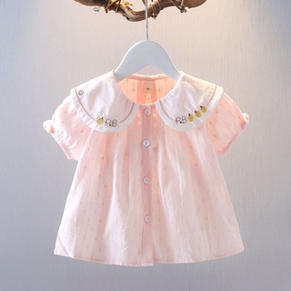 เสื้อเชิ้ตแขนสั้น คอตุ๊กตา สีชมพู แฟชั่นฤดูร้อน สําหรับเด็กผู้หญิง