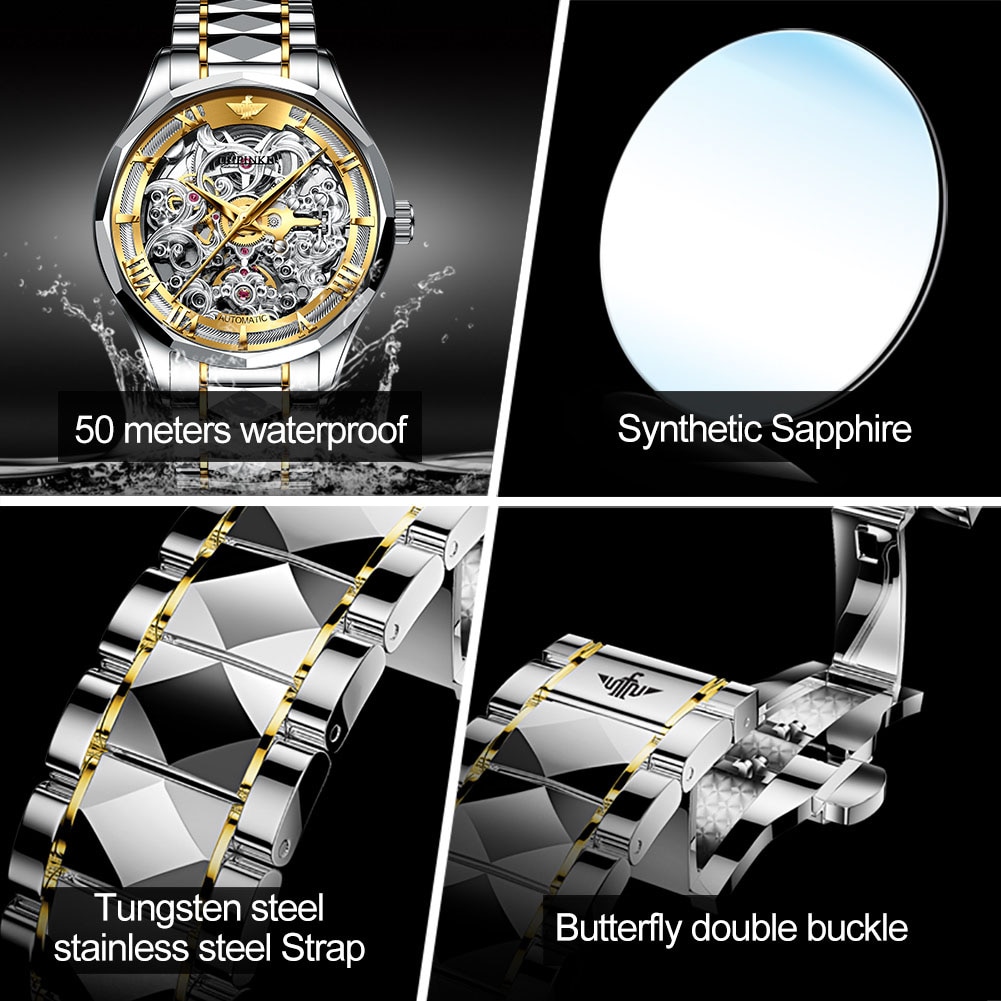 OUPINKE Top Brand Luxury Men Automatic Mechanical Watch Skeleton Tungsten  Steel Waterproof Self-Wind Sapphire Glass | Shopee Thailand