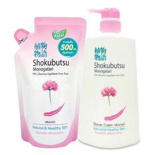 SHOKUBUTSU MONOGATARI ครีมอาบน้ำ โชกุบุสซึ Chinese Milk Vetch (สีชมพู) 500 มล. (ชนิดขวดปั้ม + ถุงเติม) LIONSOS