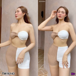 TwinsShopVip💗พร้อมส่ง TW16143 Set 2 ชิ้น เกาะอก+ กางเกงขาสั้น ทรงรัดตามตัว สีทูโทน