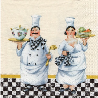 Pladao Napkin ภาพการ์ตูน Chef อ้วน พ่อครัว แม่ครัว พื้นครีม กระดาษ แนพกิ้น สำหรับงานศิลปะ เดคูพาจ decoupage ขนาด L 33x33