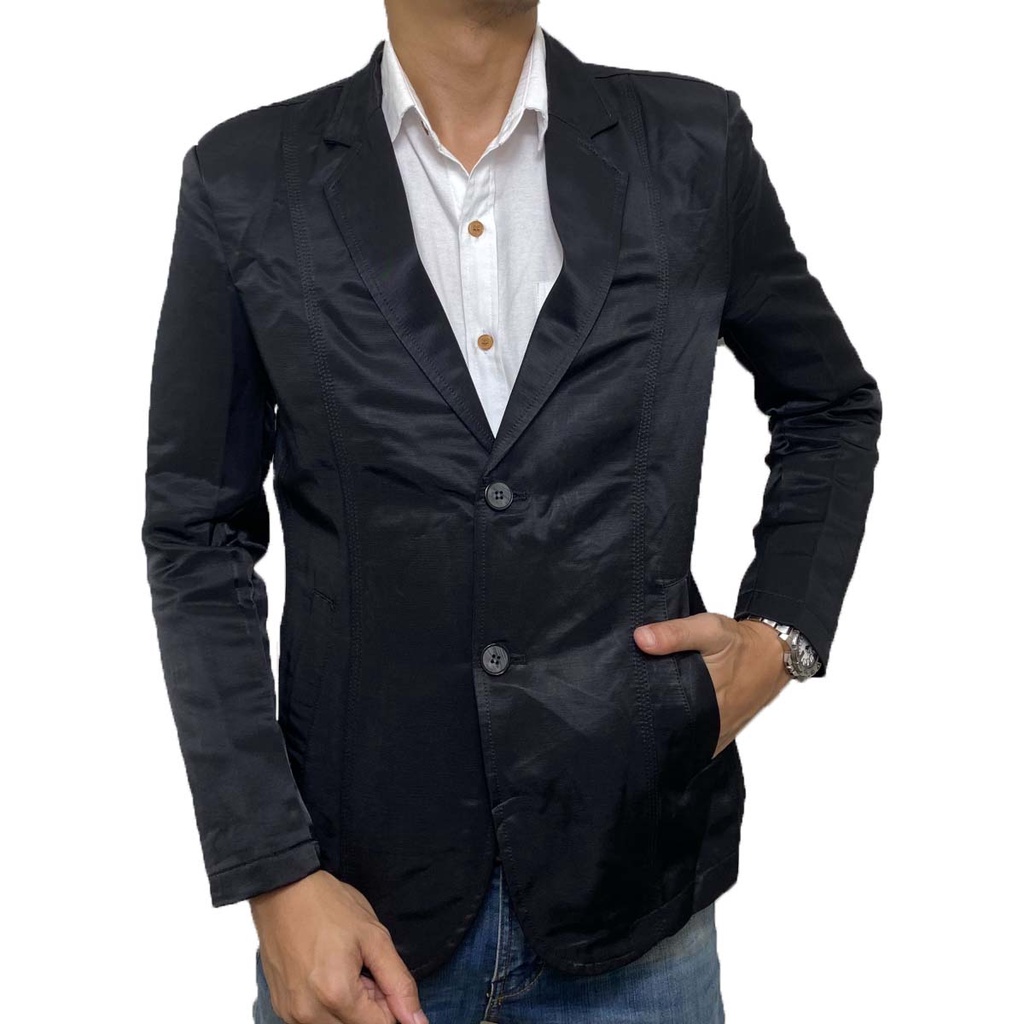 -มีบริการหลังการขาย-เสื้อสูทผู้ชายสีดำผ้าเงา คนไทยคุยกันรู้เรื่องทักแชทขนาดได้เลย