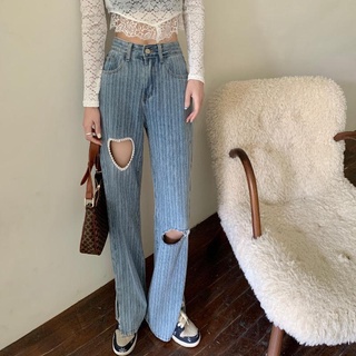 🔥พร้อมส่ง~ Hole Love Thin Jeans Womens 2022 High Waist Slit Flared Pants Loose Straight Wide Leg Long Pants