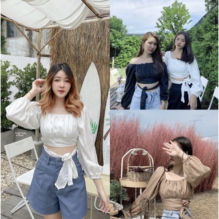 เสื้อครอปแขนยาวผูกโบว์ เสื้อคอเหลี่ยมแขนตุ๊กตา สไตล์คาเฟ่ รุ่น Gypsy crop top 🛋✨