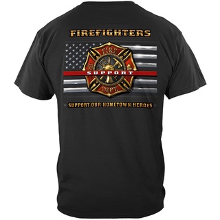 tshirtเสื้อยืดคอกลมฤดูร้อนเสื้อยืด ผ้าฝ้าย 100% พิมพ์ลายธงชาติชาติอเมริกา Firefighter Support Your Heroes สีแดง สีดําSto