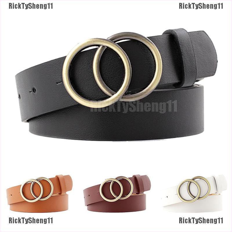 COD RTSWomen Girls Leather Belt Round Ring Metal Double Buckle Belt