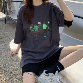 anna🍭 2317 เสื้อยืดโอเวอร์ไซส์ผู้หญิง（oversized T-shirt）เสื้อยืดแขนสั้น ลายคนนั้งหันหลัง เก๋ไก๋ น่ารัก เสื้อยืดคอกลม