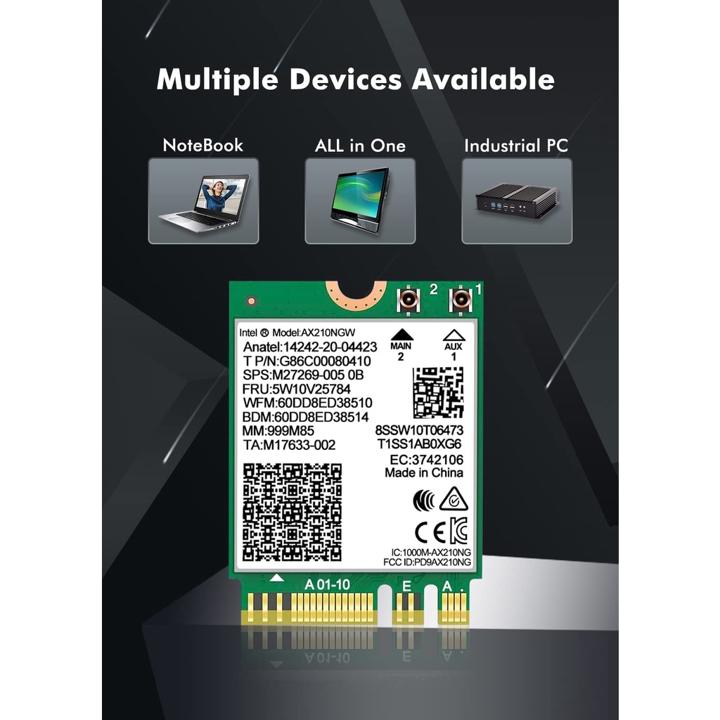 อะแดปเตอร์การ์ดเครือข่ายไร้สาย WiFi 6E Intel AX210 NGW Ax200 บลูทูธ 5.3 Tri-Band 5400Mbps สําหรับแล็ปท็อป รองรับ Windows 10 11 (64bit) M.2 NGFF