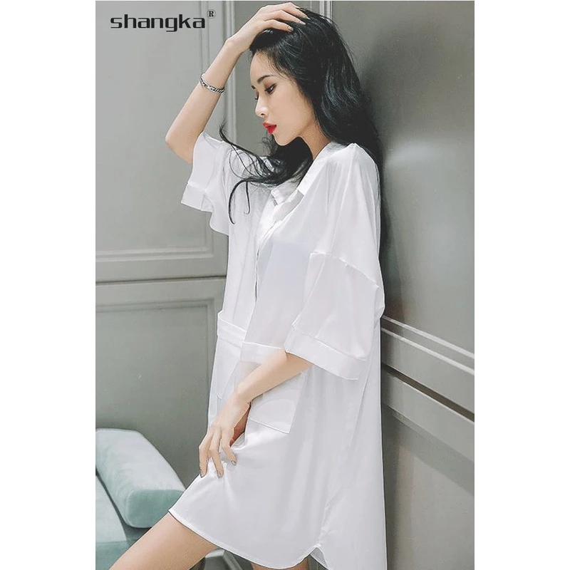 ชุดนอนเสื้อเชิ้ต ผ้าเรยอน แบบบาง ทรงหลวม ขนาดใหญ่ ความยาวปานกลาง เหมาะกับฤดูใบไม้ผลิ และฤดูร้อน สีขาว สําหรับผู้หญิง ชุดนอนเกาหลี ชุดนอนไซส์ใหญ่ ชุดนอนไม่ได้นอนชุดนอนเซ็กซี่ thumbnail 10