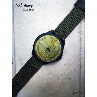 U.S. Navy หน้าปัดเขียวเหลือง นาฬิกาทหาร สายผ้าคลาสสิค