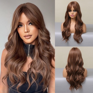 Long Wavy Chestnut Brown Synthetic Wigs With Long Bangs for Women Cosplay Natural Hair Wig Heat Resistant Fiber Wig