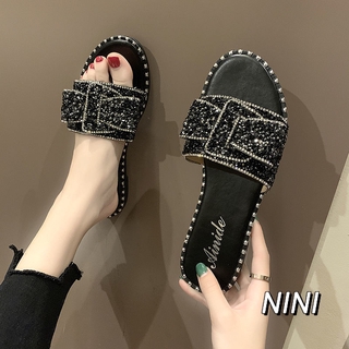 Nini35-43 รองเท้าแตะลําลองสําหรับสตรีติดประดับคริสตัลขนาดพลัสสไตล์เกาหลี 41Leisure 42