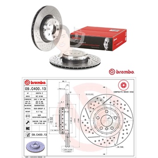 D09 C400 13 จานเบรค ล้อ R (ยี่ห้อ BREMBO) รุ่น HC UV Com BMW ซีรี่ส์ 3 F30, ซีรี่ส์ 4 F32 Drilled/Groove ปี2011-&gt;