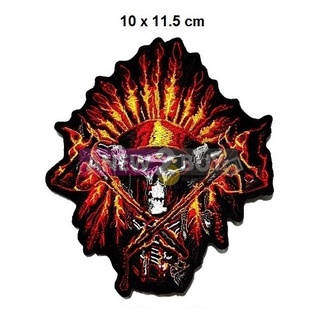 ตัวรีดติดเสื้อ ลายกะโหลก และดาบไฟ  (Iron On Patch Skull Fire Swords Embroidered D.I.Y Patches)