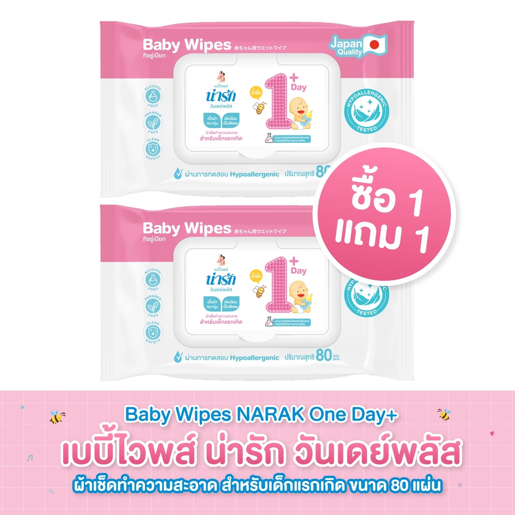 [1 แถม 1] Narak เบบี้ ไวพส์ น่ารักวันเดย์พลัส ผ้าเช็ดทำความสะอาด ทิชชู่เปียก 80 แผ่น
