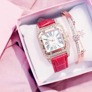 พร้อมส่ง Jam Tangan Wanita นาฬิกาข้อมือสายหนัง ทรงสี่เหลี่ยม ประดับเพชร สําหรับผู้หญิง