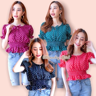 2276Summer polka dot print crop เสื้อแขนตุ๊กตาลายจุด