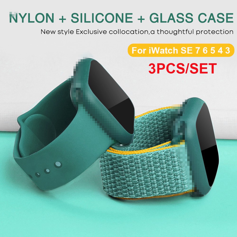 3 ชิ้น Newst Glass Case + สายนาฬิกาซิลิโคนไนลอนสําหรับ Apple Watch Band 45 มม.41 มม.38 มม.42 มม.44 ม