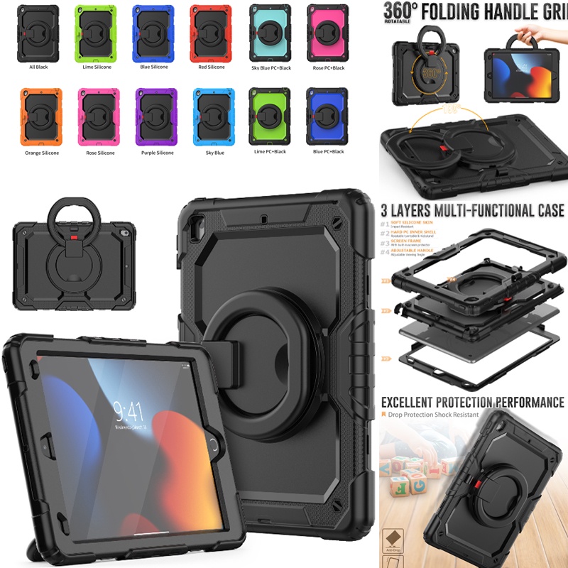 Shockproof iPad Tablet Case For iPad 5th/6th Gen 9.7 2017/2018 iPad Air 2 Pro 9.7 inch iPad 7th 8th 9th Gen 10.2 2019/2020/2021 Heavy Duty Rugged 360 Swivel Stand 3 Layer Protection Soft Silicone Hard Plastic Full body Anti-fall Kid Tablet Case Cover