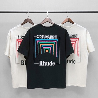 เสื้อยืดผู้หญิง - RHUDE 21SS กล่อง PERSPECTIVE ทีออฟเสื้อยืดแขนสั้นโค้งสี่เหลี่ยมถนนสูงสําหรับผู้ชาย