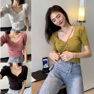 🔥🔥(พร้อมส่ง‼️)🔥🔥เสื้อไหมพรมครอป คอหัวใจมีกระดุม No.63