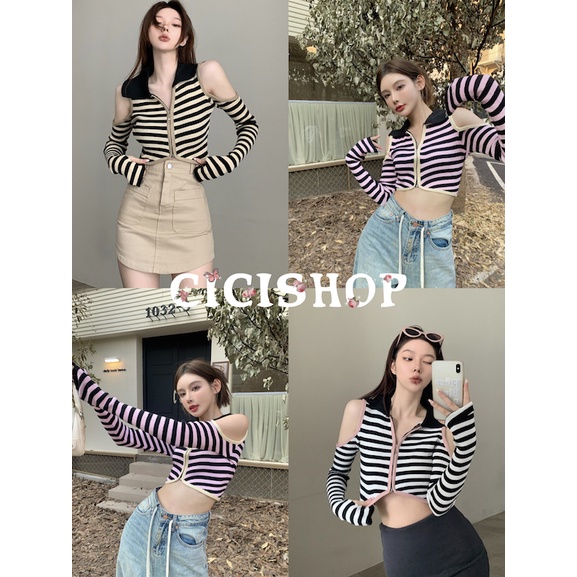 Cicishop SALE(50058)เสื้อแขนยาวดีเทลเว้าไหล่ ลายทาง มีซิปหน้าทอสีสลับน่ารักมากๆได้ลุคโคเรีบสุดๆๆ