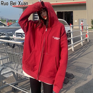 RUO BEI XUAN เสื้อโค้ทสตรีสไตล์เกาหลีแขนยาวคลุมด้วยผ้าคาร์ดิแกนเสื้อลำลองพิมพ์ตัวอักษรหลวมเสื้อกันหนาวขนาดใหญ่