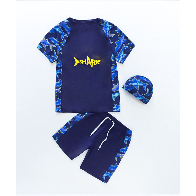jqk ชุดว่ายน้ำเด็กผู้ชายเซ็ท 3 ชิ้น พร้อมหมวก ลาย SHARK (มี2สี น้ำเงิน/กรม) รุ่น 0714 ราคา ถูกที่สุด ดีลบีเคเค แกลเลอรีภาพที่ 7