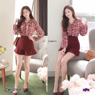 👗Pfashion [ส่งไว!!🚛] P12168 Set เสื้อลายสก็อตอกระบาย + กระโปรงสั้นSet: striped shirt + short skirt